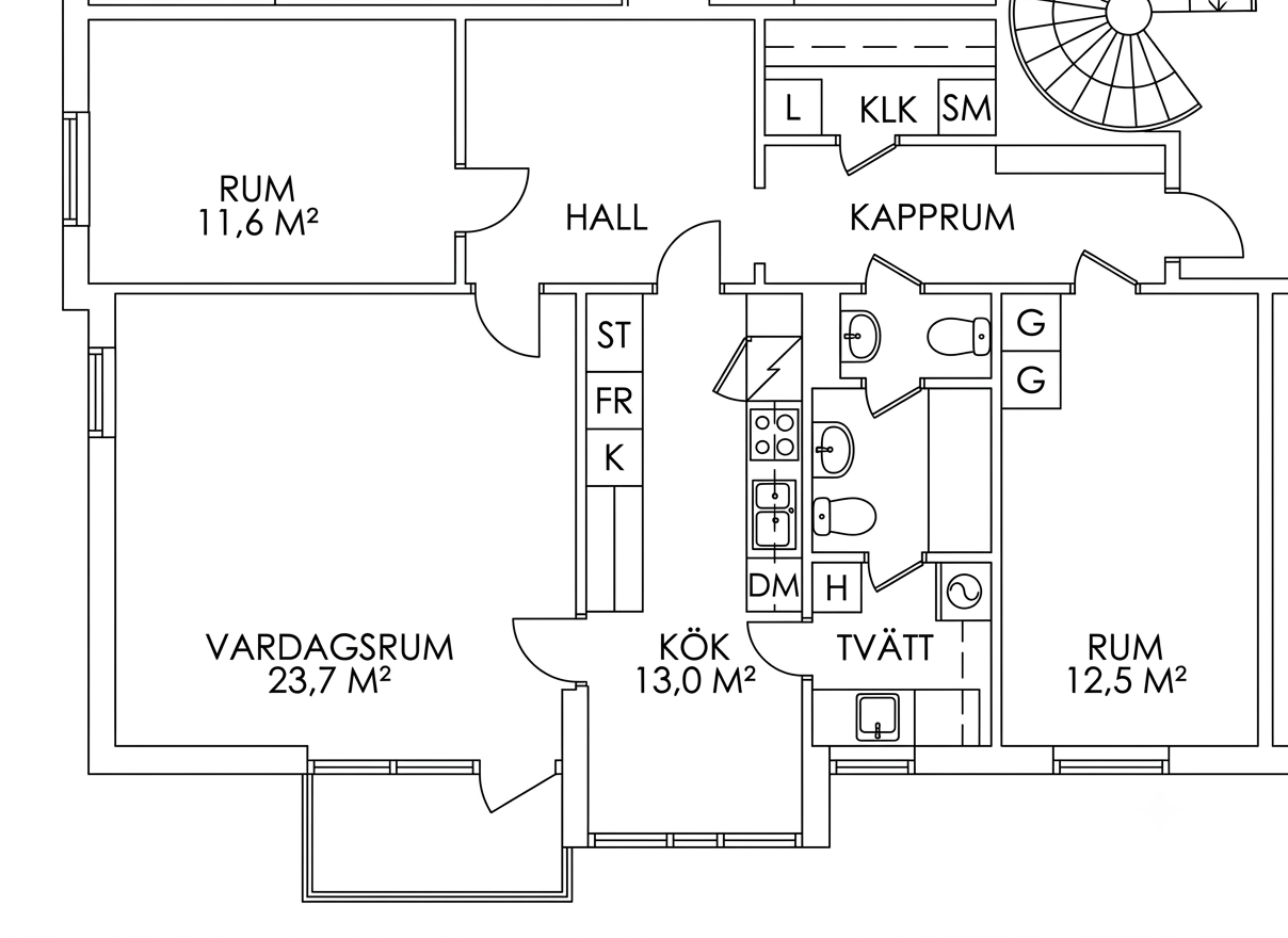 Renritad planritning med tydliga linjer och enhetlig text